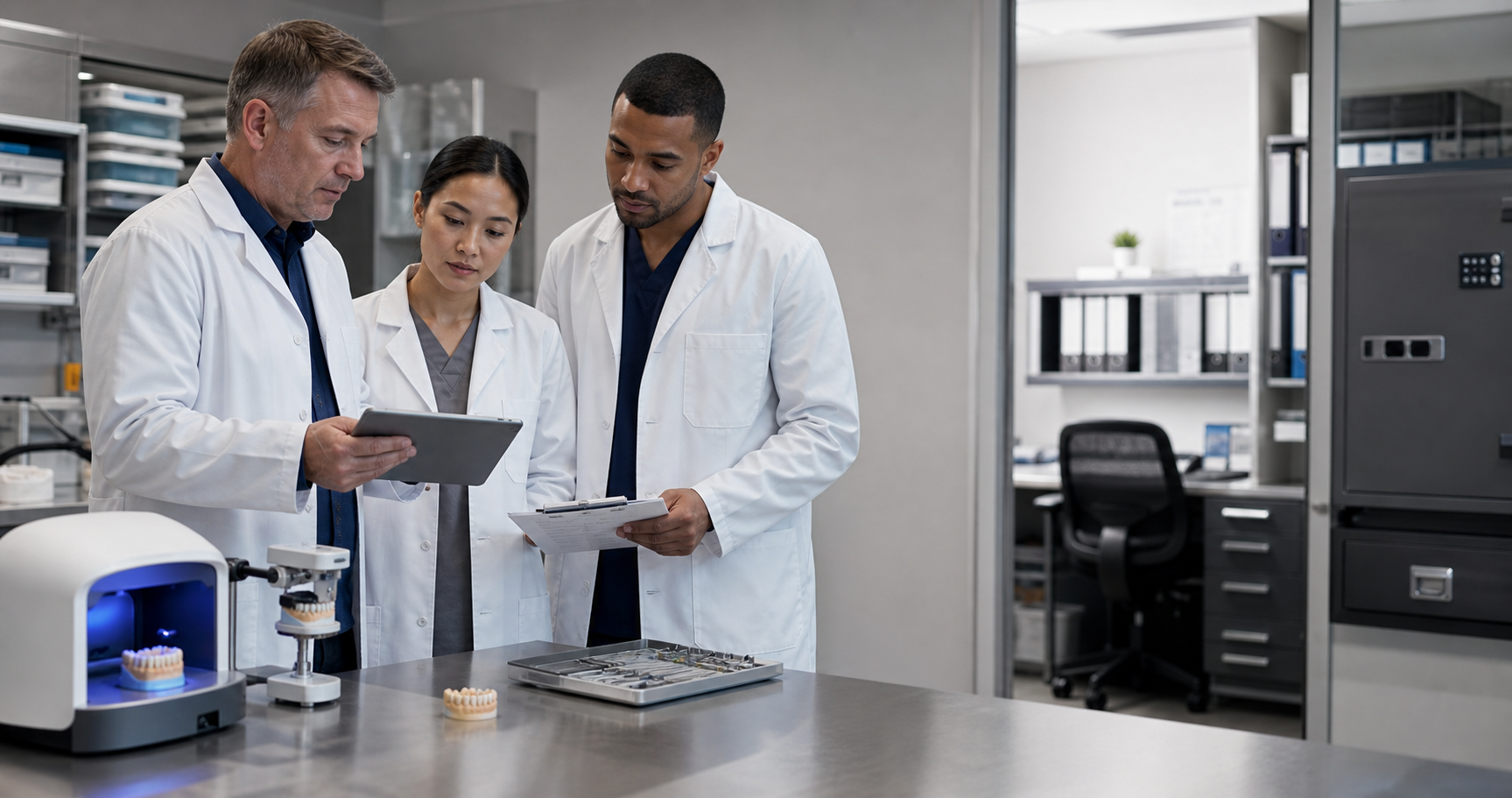 Dental lab workers discussing compliance requirements for VA or government contract