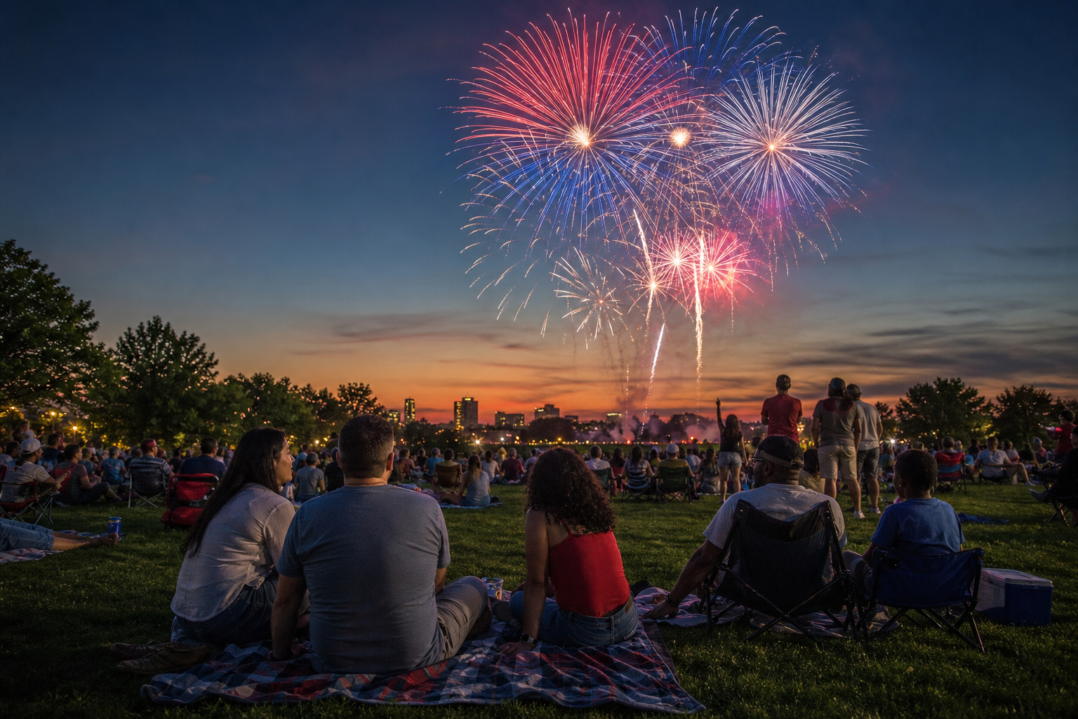 people and families watching fireworks display from grass picnic area