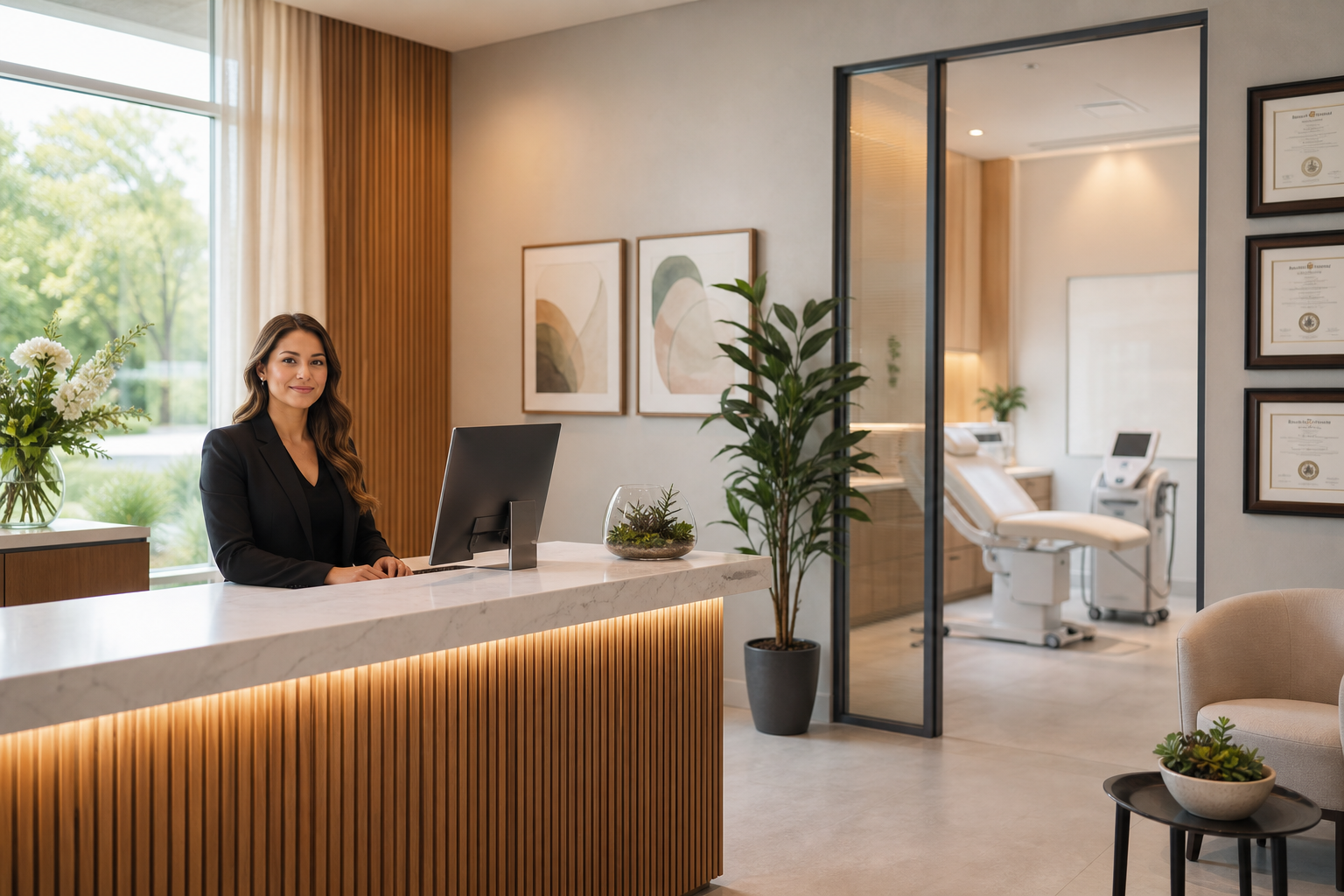 Med spa receptionist and patient room