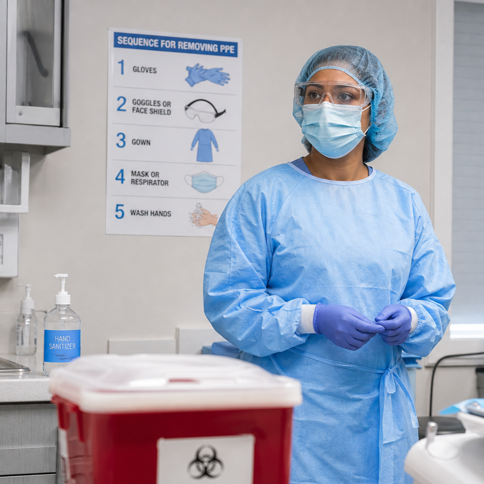 Healthcare worker in patient room dressed in PPE for infection control